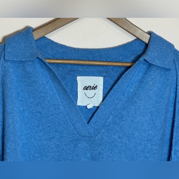 Aerie Oversized Blue unREAL V-Neck Baggy Collared Polo Sweater - Large - Picture 5 of 16